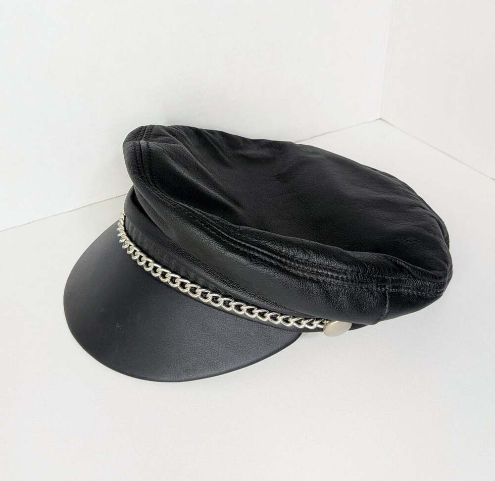 Vtg Henschel Black Leather Biker Cap Silver Chain Fiddler Greek Fisherman Hat S